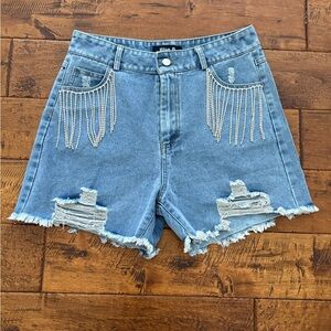 Blue B Collection Rhinestone Fringe Distressed Denim Shorts